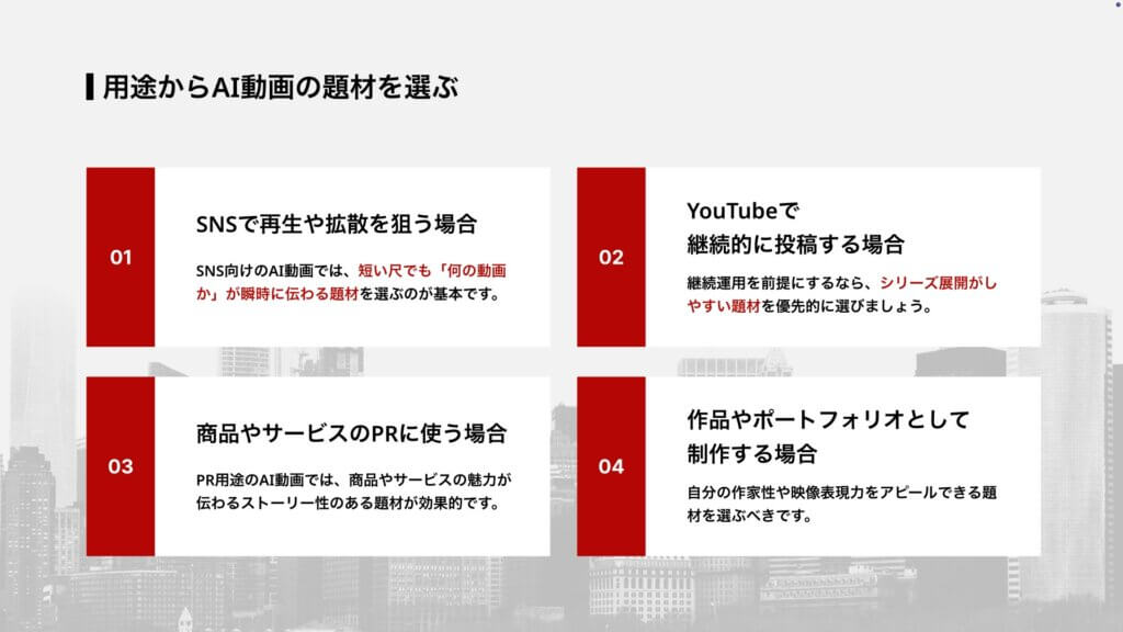 用途からAI動画の題材を選ぶ